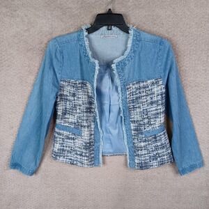 Arianna By Howards Jacket Womens Small Blue Denim Open Front Frayed Cotton Blend